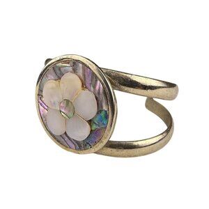 Vintage Abalone & Mother Of Pearl Adjustable Cuff Bracelet Mexico Silver Tone.